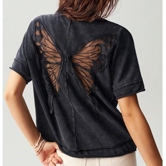 Black Butterfly Mesh Sheer Back Insert Tee Shirt - Picture 1 of 9